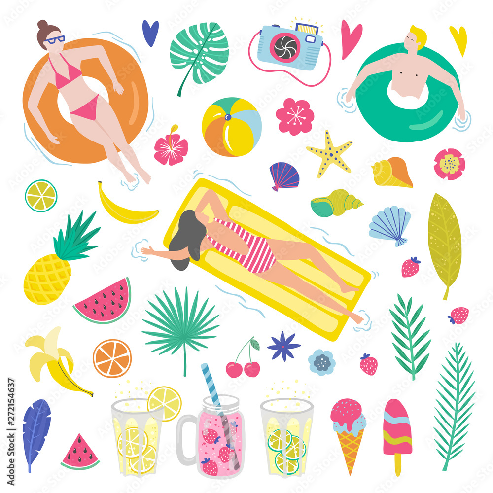 Set of cute summer icons: food, drinks, palm leaves, fruits and swiming people. Bright summertime poster. Collection elements for beach party. Vector hand draw illustration.