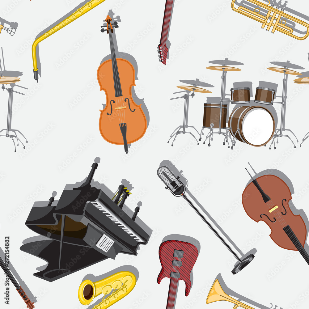 Naklejka premium Seamless pattern with musical instruments on the white background. Vector illustration.