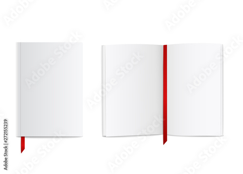 Blank realistic book mockup with red ribbon bookmark, open and closed white diary or notebook design with empty pages and cover