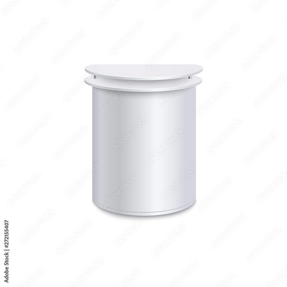 White blank promo stand with rounded shape and double counter top, realistic portable product promotion table mockup White blank promo stand with rounded shape and double counter top, realistic portable product promotion table mockup