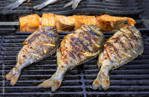 Grilled dorada fish and slices of salmon on the grill grate.