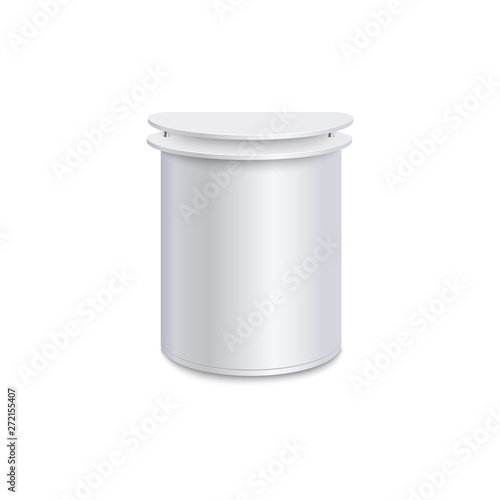 White blank promo stand with rounded shape and double counter top, realistic portable product promotion table mockup