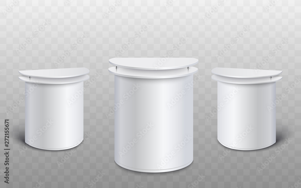 Set of three white promo stands for advertising exhibition, blank mockup of small retail booth table with double counter tops Set of three white promo stands for advertising exhibition, blank mockup of small retail booth table with double counter tops