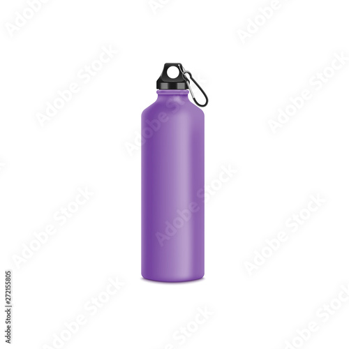 Mockup of blank purple aluminum sport bottle with fastening clip realistic style