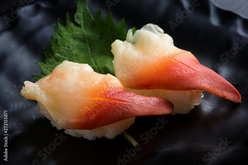 The Stimpson surf clam or hokkigai sushi - japanese food style.Close-up photo, select focus         