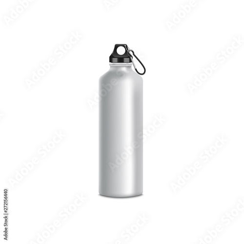 Grey sport bottle mockup, realistic metal water container with stainless steel texture and black lid and climbing clip