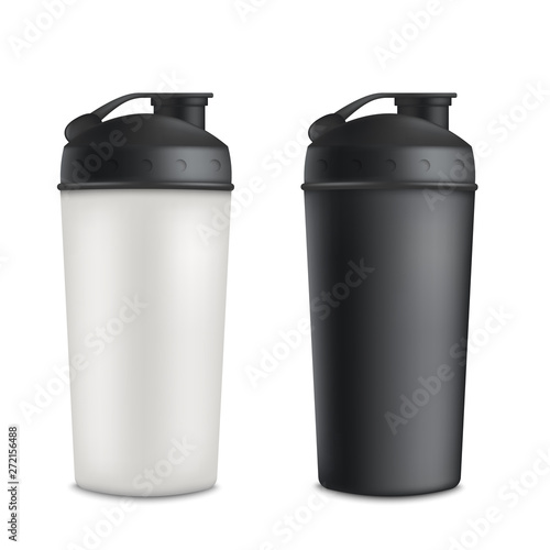 Mockup set of two plastic blank sport shaker bottles realistic style