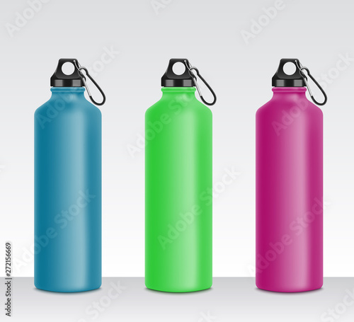 Colorful water bottle set for sport drink, realistic 3D mockup collection of metal beverage containers in blue, green, pink color