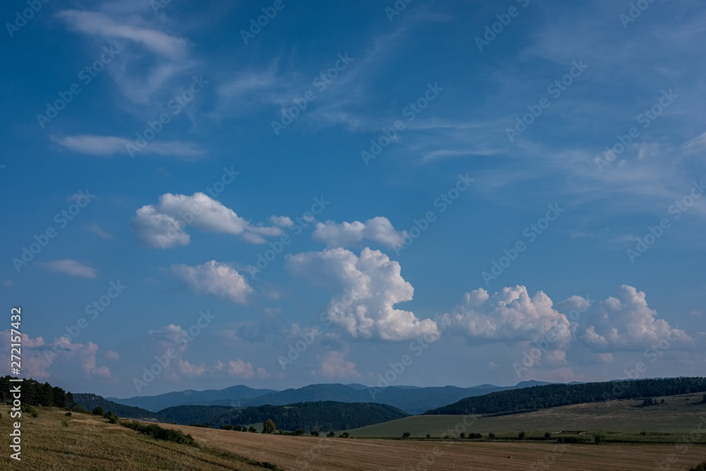 Fototapeta premium countryside landscape under blue sky and dramatic white clouds