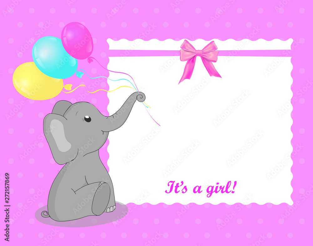 Fototapeta premium Greeting card with elephant for a girl on Baby Shower. White frame on pink background. Baby shower invitation card with grey elephant and balloons and bow. Vector illustration eps10