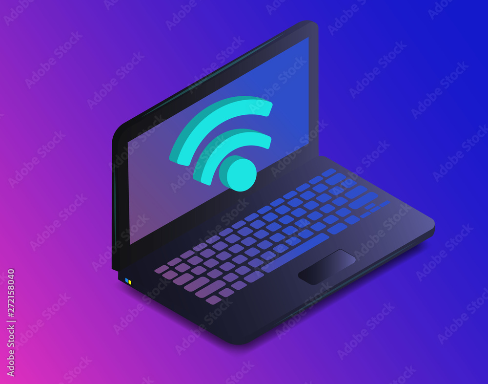 Isometric laptop with free internet. Isometric icon sign of wi-fi signal with laptop. Portable device concept on ultraviolet background. vector eps10 Isometric laptop with free internet. Isometric icon sign of wi-fi signal with laptop. Portable device concept on ultraviolet background. vector eps10