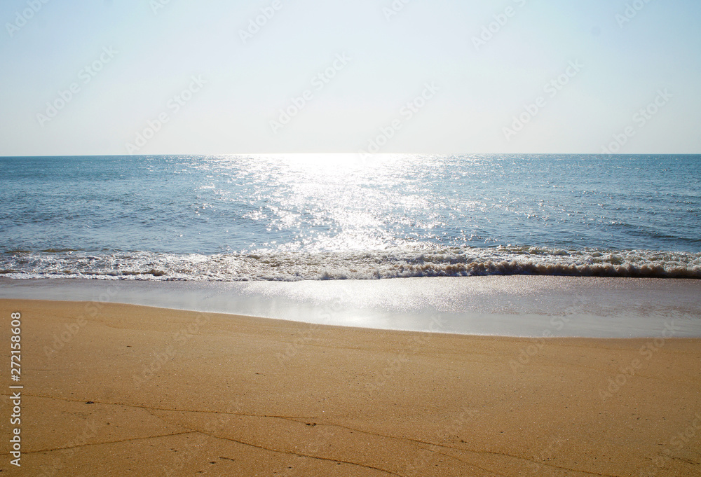 Obraz premium Sunny sandy coast on the ocean on the southern tropical island of Sri Lanka.