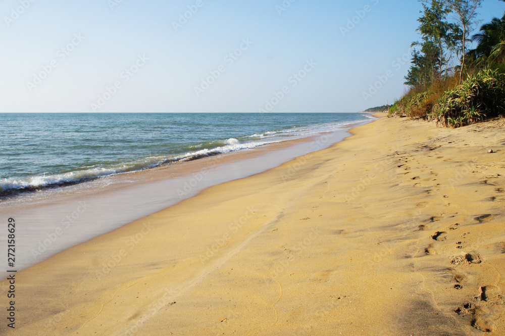 Sunny sandy coast on the ocean on the southern tropical island of Sri Lanka.