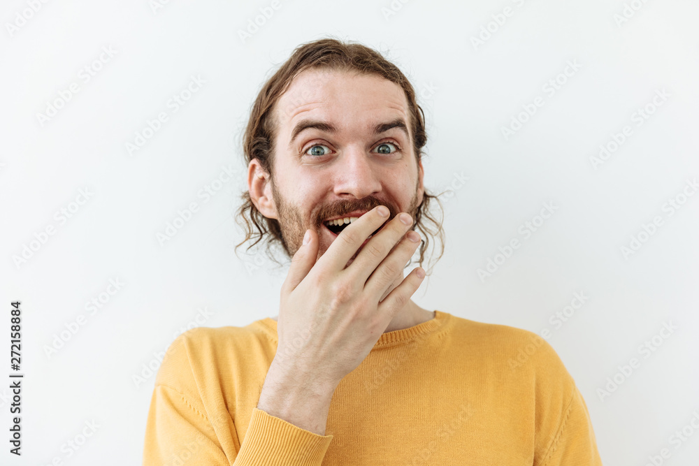 Surprised,shock ,unbelievable emotion. Bearded guy face portrait agaist white backgraund. Surprised,shock ,unbelievable emotion. Bearded guy face portrait agaist white backgraund.