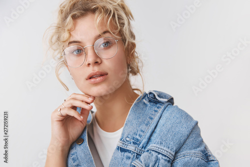 Canvas Print Close-up elegant good-looking fashionable blond blue-eyed blogger wear transpare