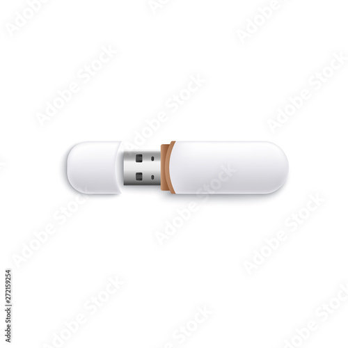 White and brown USB flash drive mockup, blank realistic branding template on memory and data storage portable disk with open cap