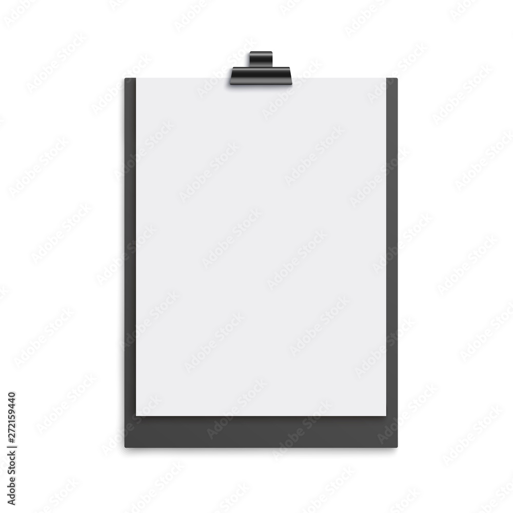 Black clipboard with white blank sheet of paper - realistic mockup Black clipboard with white blank sheet of paper - realistic mockup