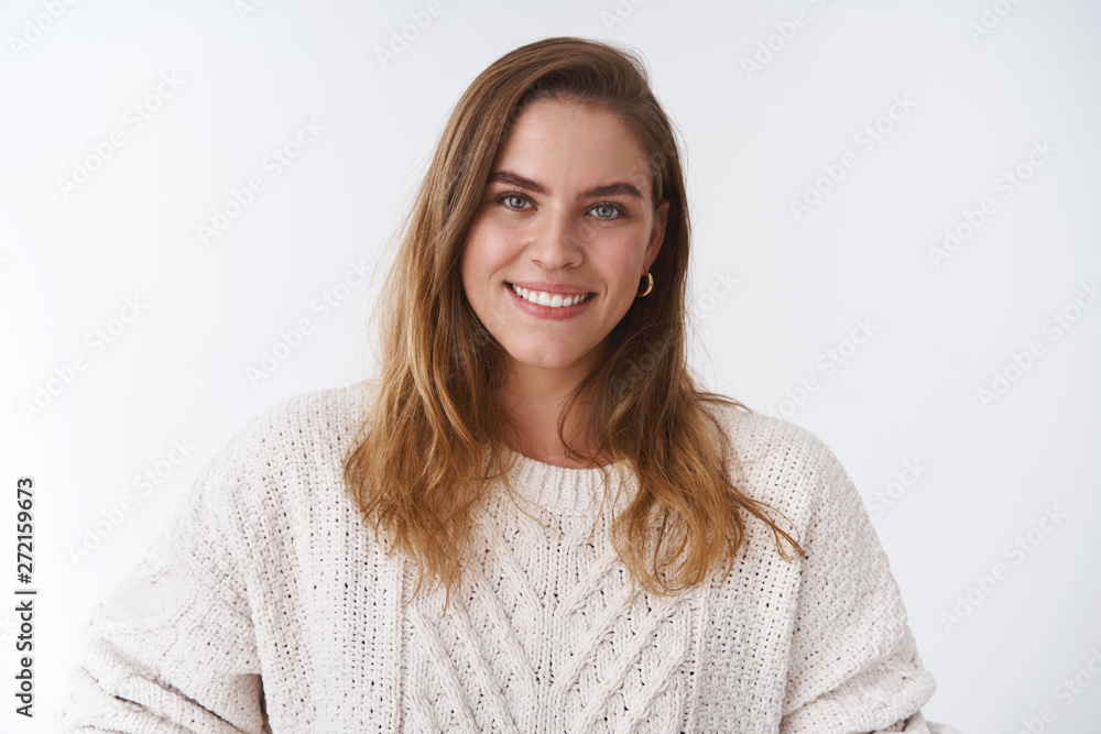Close-up good-looking charming feminine adult woman wearing cozy sweater smiling broadly white teeth gazing camera sincere delighted expressing relaxed positive vibe, feeling happy Close-up good-looking charming feminine adult woman wearing cozy sweater smiling broadly white teeth gazing camera sincere delighted expressing relaxed positive vibe, feeling happy