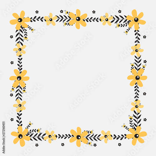 Floral greeting card and invitation template for wedding or birthday anniversary, Vector square shape of text box label and frame, Yellow flowers wreath ivy style with branch and leaves.