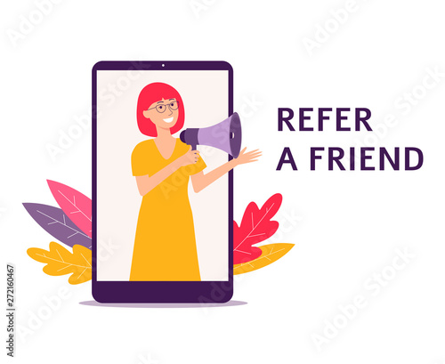 Woman with a loudspeaker the recommendation to refer a friend vector illustration.