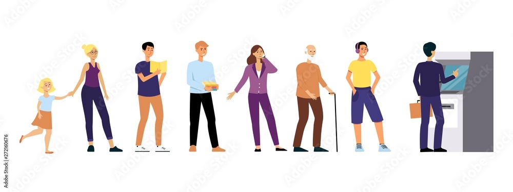 Different people stand in queue to Automated Teller Machine flat cartoon style Different people stand in queue to Automated Teller Machine flat cartoon style