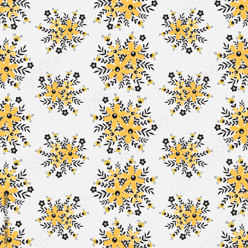 Floral vector artwork for apparel and fashion fabrics, Yellow flowers wreath ivy style with branch and leaves. Seamless patterns background.