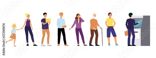 Different people stand in queue to Automated Teller Machine flat cartoon style