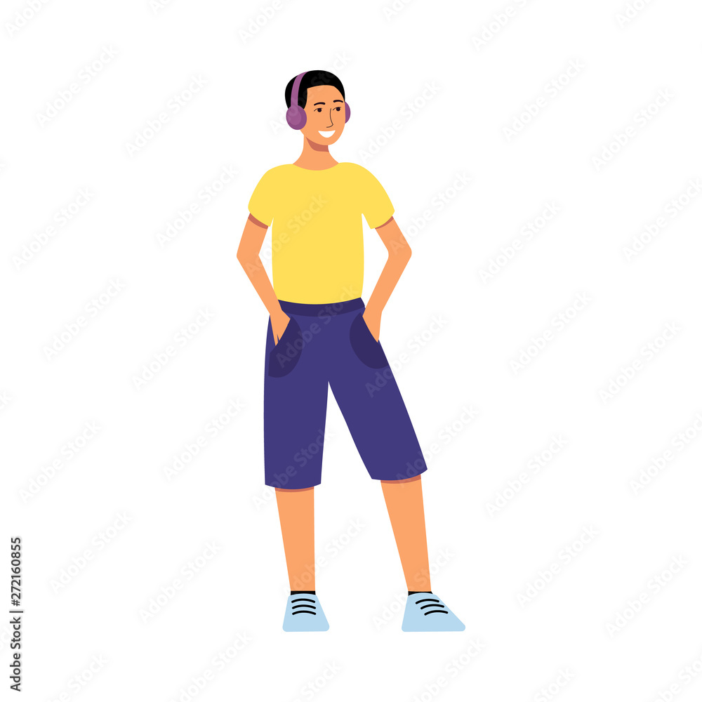 Cartoon character man standing and smiling, young teenager in headphones and colorful casual clothes Cartoon character man standing and smiling, young teenager in headphones and colorful casual clothes