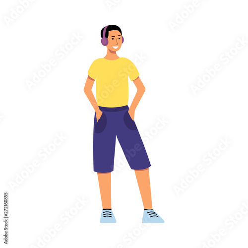 Cartoon character man standing and smiling, young teenager in headphones and colorful casual clothes