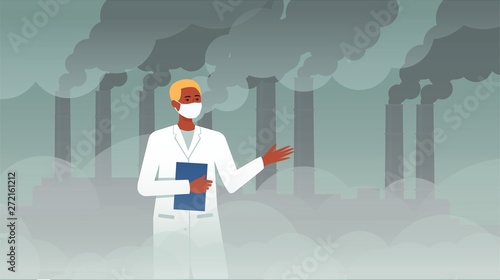 Scientist man in front of chemical plat with pipe smoke discussing ecology and air pollution