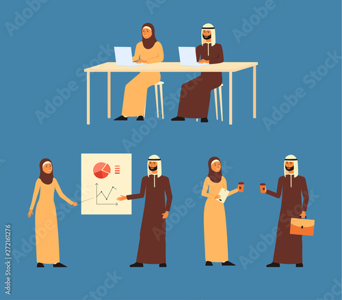 Set of muslim men and women making business flat vector illustration isolated.