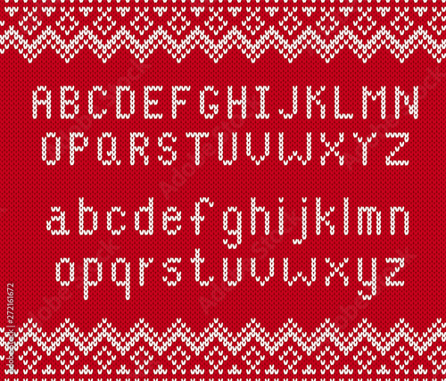 Knitted texture background with alphabet. Knit geometric ornament with letters in scandinavian style.