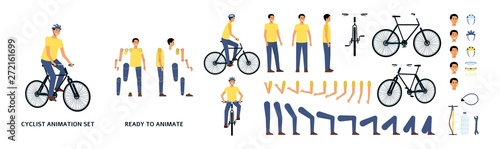Cartoon character with bicycle animation kit, young man riding a bike with helmet, movement constructor with separate body parts and limbs