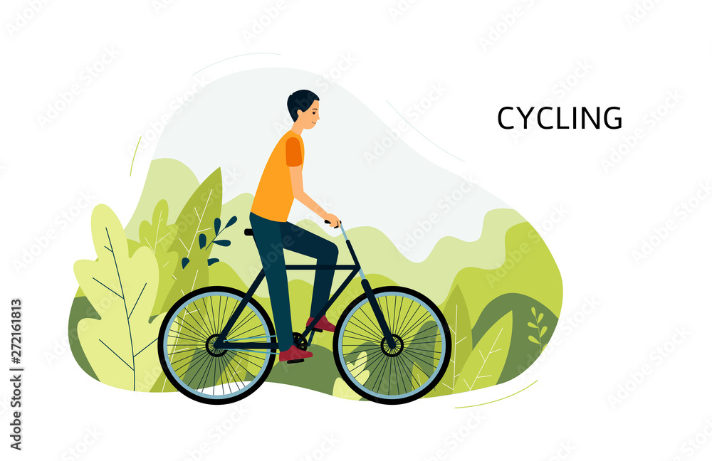 Sportsman riding bike or bicycle outdoor in the park vector illustration isolated. Sportsman riding bike or bicycle outdoor in the park vector illustration isolated.