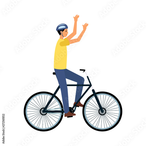 Man bicyclist riding on bike or finishing race flat vector Illustration isolated.