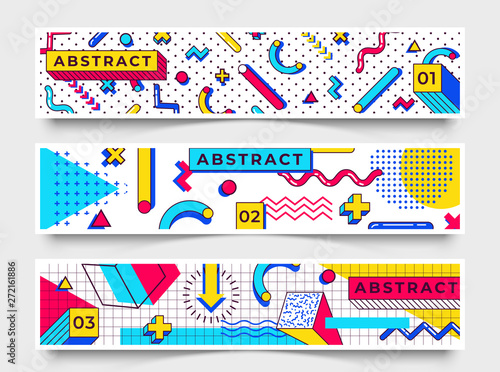 Three horizontal banners. Abstract 90s trends elements with multicolored simple geometric shapes. Shapes with triangles, circles, lines