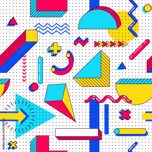 Seamless memphis pattern. Abstract 90s trends elements with multicolored simple geometric shapes. Shapes with triangles, circles, lines