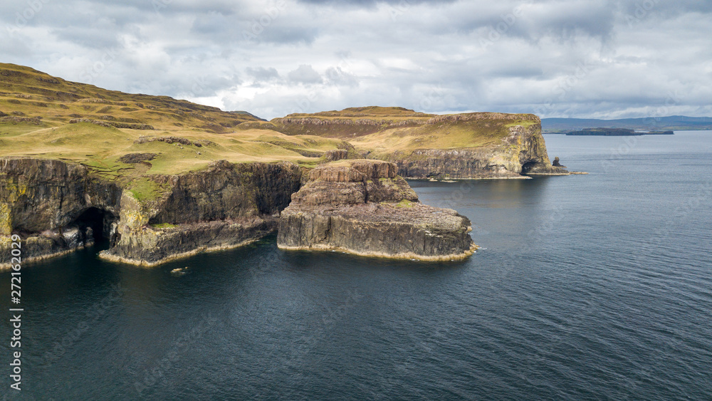 Aerial views from a drone of the beautiful shorelines in the Isle of Skye, Scotland.