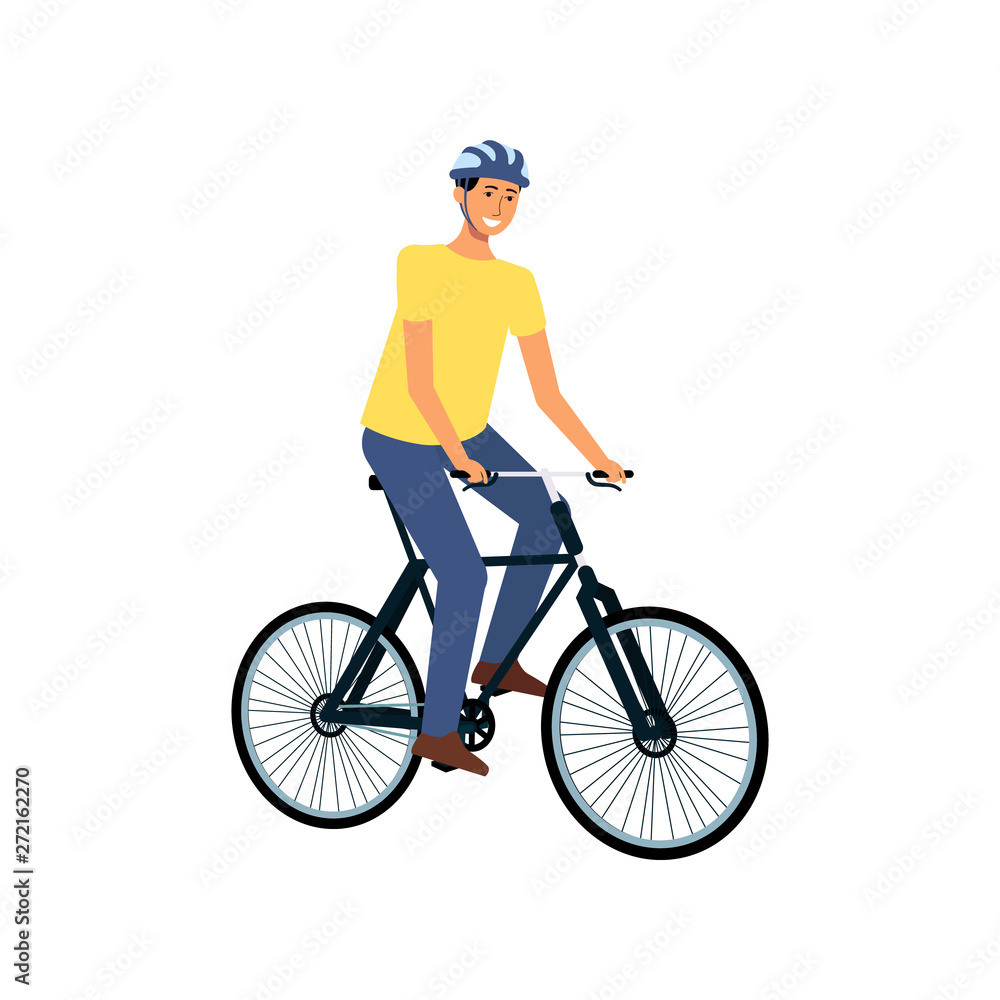 Obraz premium Happy cyclist on bicycle ride, young cartoon man sitting on modern bike wearing helmet and smiling