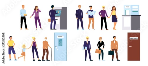 Set of cartoon people in queue for appointments, men and women standing in line for ATM machine, ticket center, doctor's office and job interview