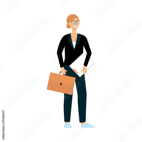 Happy female in suit stands holding briefcase and clipboard flat cartoon style