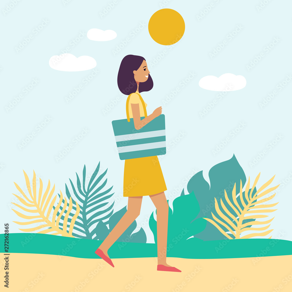Side view girl in dress with beach bag walking on summer day flat cartoon style Side view girl in dress with beach bag walking on summer day flat cartoon style