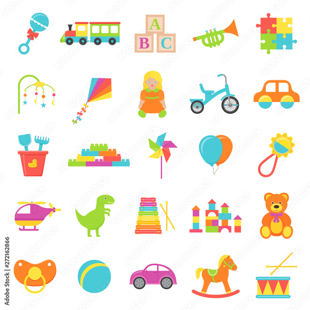Baby toy. Vector. Set kids toys isolated. Baby shower stuff in flat design  on white background. Colorful cartoon illustration. Collection children  icons. Stock Vector | Adobe Stock