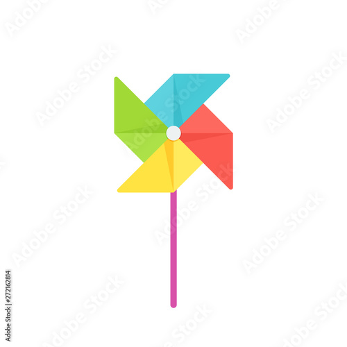 Pinwheel baby toy. Vector. Paper windmill icon. Kids toy isolated on white background in flat design. Colorful cartoon illustration.