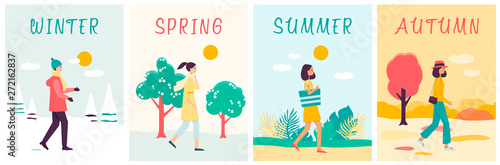 Seasons banners set with walking woman in different clothes flat cartoon style