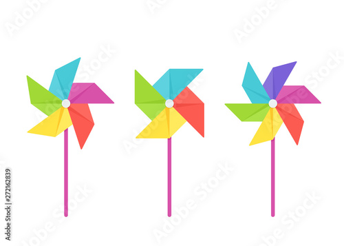 Pinwheel baby toy. Vector. Paper windmill icon. Set kids toys isolated on white background in flat design. Colorful cartoon illustration.