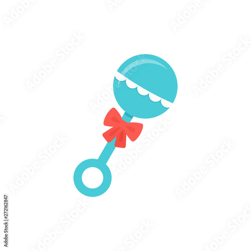 Rattle baby toy. Vector. Beanbag with bow. Icon isolated on white background in flat design. Cartoon illustration.