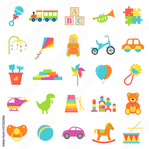 Baby toy. Vector. Set kids toys isolated. Baby shower stuff in flat design on white background. Colorful cartoon illustration. Collection children icons.