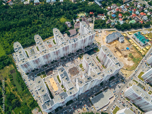 Modern residential complex with parking lot in Voronezh, top view