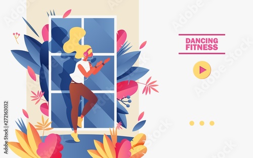 Dancing fitness school banner or landing page garient template. Vector concept illustration with young woman clapping hands and enjoying vigorous sport exercising in front of window and vivid greenery